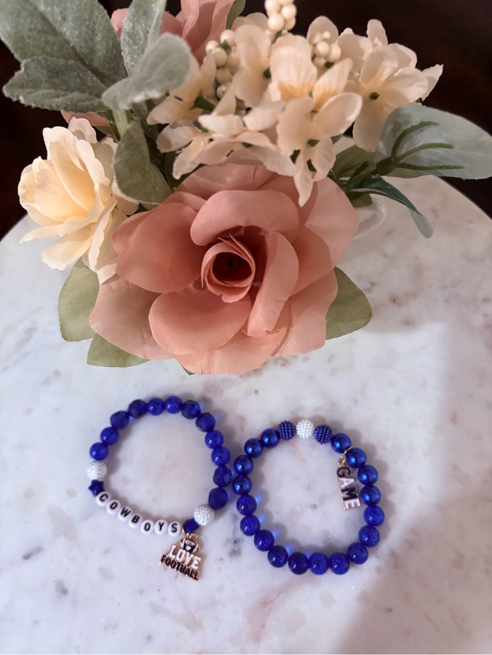 Blue Beaded Women’s Bracelet Set with Cowboys Team Letter and Charm